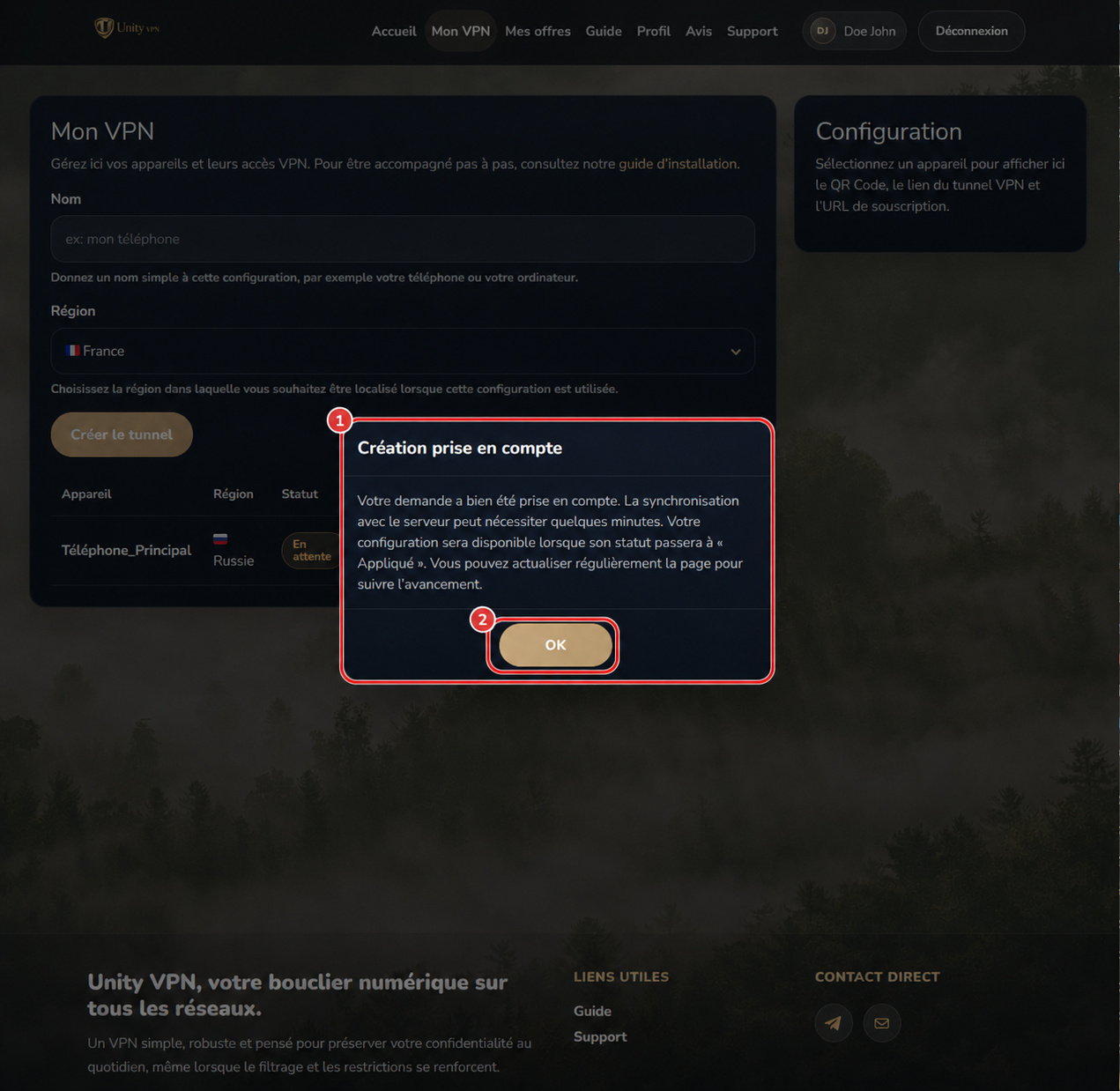 Création du tunnel UnityVPN prise en compte et en cours de préparation
