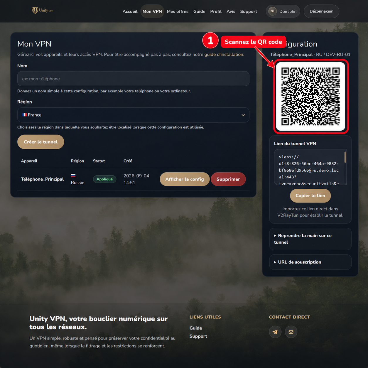 QR code du tunnel affiché dans UnityVPN