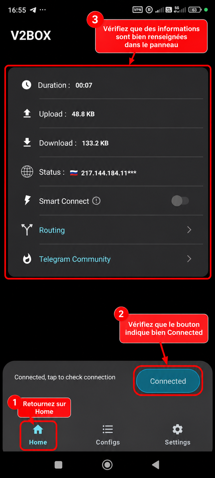 Écran d’accueil V2Box avec connexion active